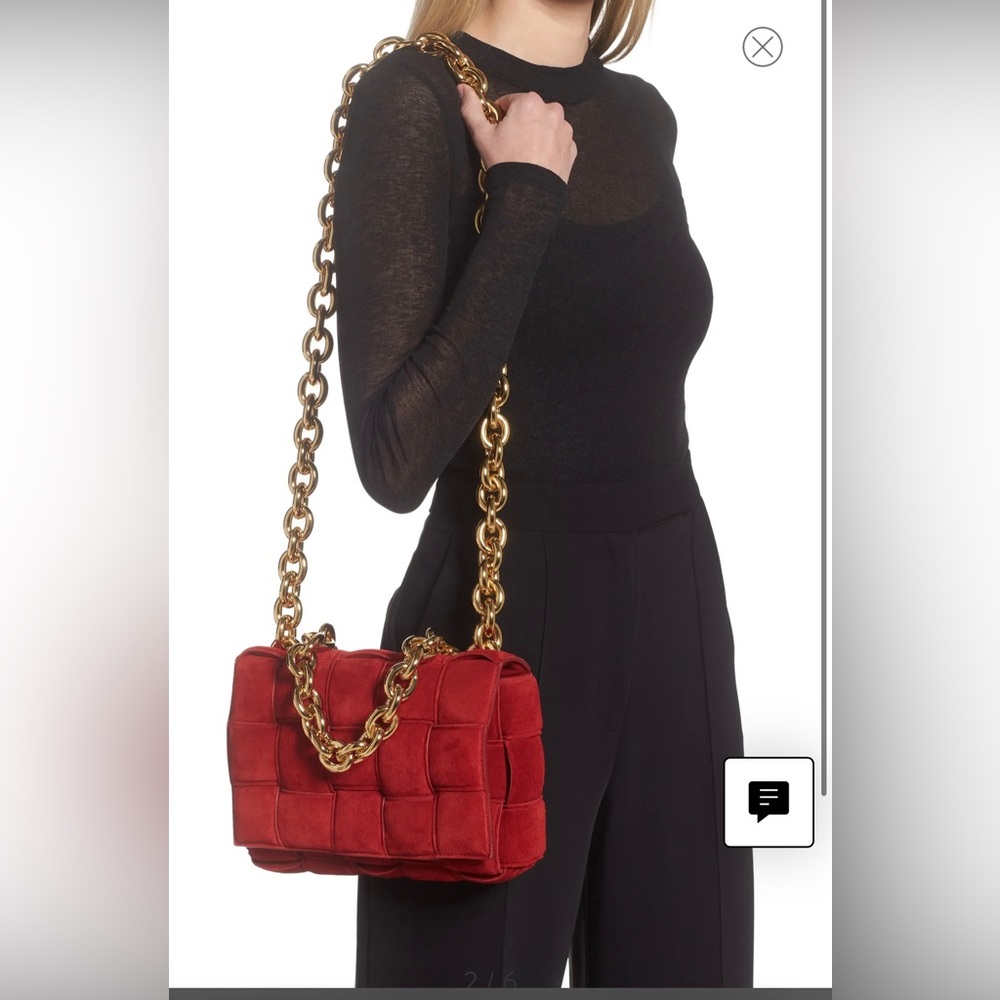 Bottega Veneta suede red bag with gold chain